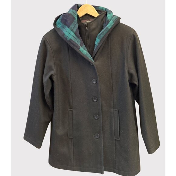 Vintage Black Wool Coat Plaid Accent Coastal Chic New England Ivy League Preppy - Picture 1 of 9